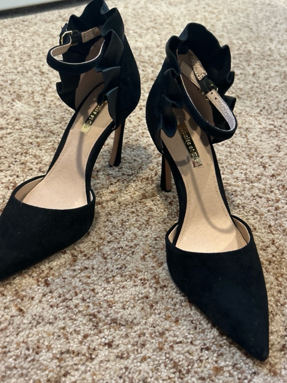 Louise et Cie Black Suede Pointed-Toe Heels with Ruffle Ankle Strap